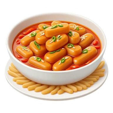 Cinematic Realistic Tteokbokki Dish Emoji, showcasing spicy, chewy rice cakes in a fiery sauce rendered with lifelike detail and bold, dynamic lighting. sticker