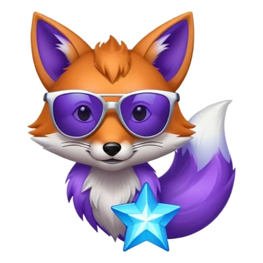 A cool fox with purple-blue fur, a glowing tail, a silver star on its forehead, and round glasses replaced by stylish sunglasses, looking confident. 🦊😎 sticker