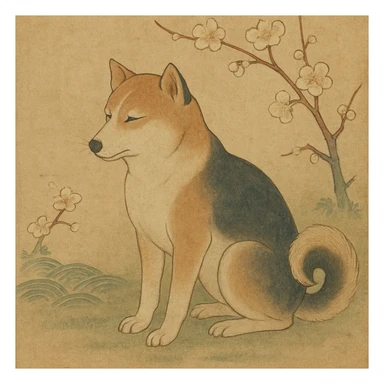 {
  "style_description": {
    "overall_look": "Traditional Japanese painting with a refined and serene aesthetic rooted in classical techniques",
    "material_simulation": {
      "primary_material": "natural pigments on washi or silk",
      "texture_detail": "subtle paper grain, matte finish, soft brushwork",
      "pattern": "occasional use of classical Japanese motifs such as plum blossoms, waves, or cranes"
    },
    "geometry": {
      "edge_style": "fluid and organic linework with gentle outlines",
      "dimensionality": "flat perspective with carefully balanced negative space"
    },
    "color_palette": {
      "scheme": "earthy and muted tones with occasional gold or mineral highlights",
      "preferred_colors": ["indigo", "sumi black", "reddish brown", "soft greens", "off-white"],
      "contrast": "low contrast, harmonious tones"
    },
    "lighting": {
      "type": "diffused, implied through tone rather than shading",
      "purpose": "maintain the contemplative and meditative quality of the piece"
    },
    "render_constraints": {
      "avoid": ["realistic lighting", "high saturation", "modern cartoon outlines", "digital gradients"],
      "focus_on": ["natural harmony", "elegance", "quiet emotional expression"]
    },
    "background": {
      "color": "neutral or light washi-inspired background",
      "style": "plain or softly patterned with traditional elements",
      "lighting_consistency": "flat and even, no cast shadows or dramatic highlights"
    }
  }
}

{subject} = dog sticker