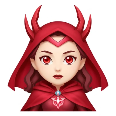 "A chibi-style Scarlet Witch emoji with glowing red eyes and a mystical aura around her hands. She wears a dark red headpiece and a flowing red cape, with a confident and slightly mischievous expression. The background is minimal, focusing on her magical energy." sticker