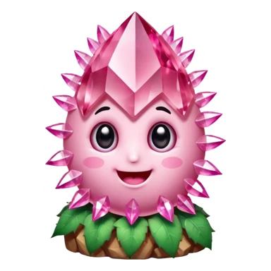 A single cute pink crystal cluster character, chunky round base with many tall rose-pink crystal spikes growing upward like a quartz cluster, faceted and slightly imperfect, on the front of the base a kawaii face with big shiny eyes and a happy open smile very shiny sticker