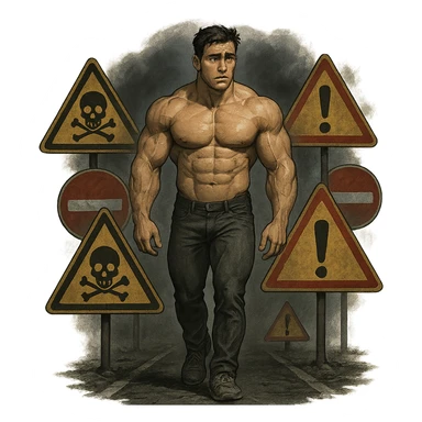 young muscular bodybuilder walking on a road full of warning signs including skull, red exclamation mark, and prohibition signs, worried expression, dark atmosphere, isolated on white background sticker