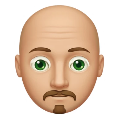 white caucasian bald man's face, with brown  round goatee and dark green eyes, oval face, rounded, big, little eyes a small smile sticker