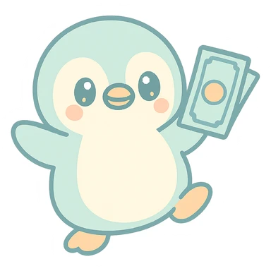 a dancing penguin holding money, cute cartoon style sticker