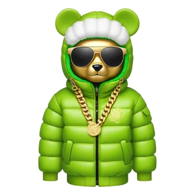 bearbrick figure with lime green grafitti-covered balaclava, voluminous puffer jacket with fur trim, single-piece wrap-around sunglasses, heavy gold chains, luxury streetwear style sticker