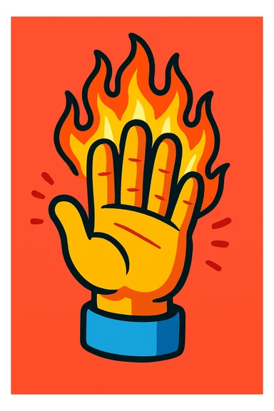 cartoon hand with flaming fingers, waving gesture, bold colors, no text sticker