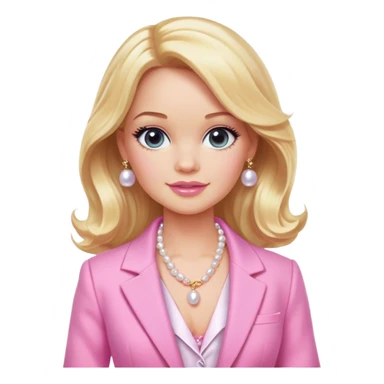 Elle woods with wavy blonde hair , a baby pink blazer with a white undershirt, pink Barbie makeup on, and a pearl necklace.  sticker