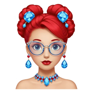 gem lover woman with gem accessories excessive amount gem glassess very big gem earrings red bun hair and redbluediamonds sticker