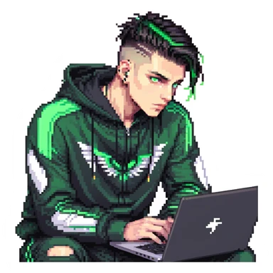male with dark hair, wearing a black palm angels tracksuit, high fade haircut, slick back hairstyle, green eyes, green aura, coding on black laptop sticker