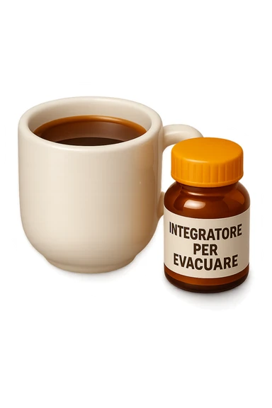 EMOJI STILE IPHONE 3D DI un caffè e di una boccetta di integratore con la scritta "INTEGRATORE PER EVACUARE" SULL'ETICHETTA, iperrealistico 4k sticker