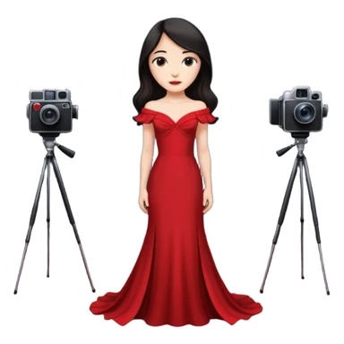 an actress standing on a red carpet with a formal dress, with only one film camera next to her. sticker