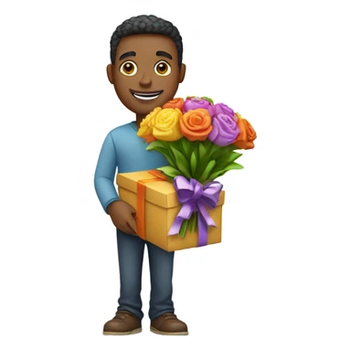 A man with a bouquet and a gift sticker