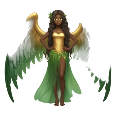 big wings, Beautiful, fairy, gold, brown, dark green, green, long hair sticker
