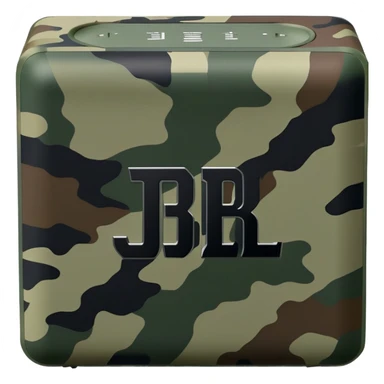 Minimalist JBL Go 4 portable speaker with military camouflage pattern, simple clean design, rectangular shape, subtle JBL logo sticker