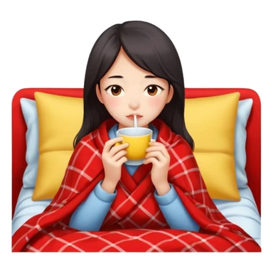 cute and sexy chinese girl, feeling sick up, nose and cheecks red by blush, covered by blanket, drinking tea with lemon sticker