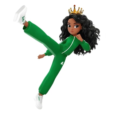 White curvy female with super wavy black hair wearing a crown and doing a high kick wearing a green track suit sticker