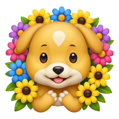 Cute smile face emoji with puppy dog eyes holding its cheeks and a bunch of flowers around it sticker