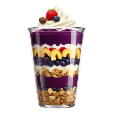 Açaí in a clear cup with layers of fruits and granola and condensed milk sticker