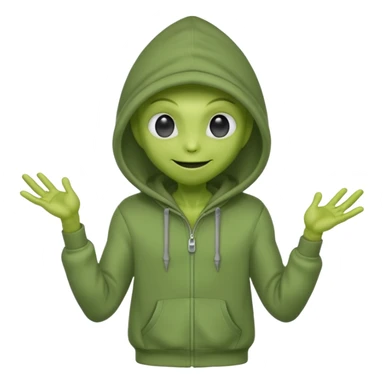 green alien in gray hoodie full height, wear hoodie hat, happy sticker