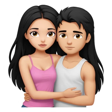 generate a pretty tan bratz boy with messy black hair wearing a white tshirt. Hugging a fair girl with long black hair, eyeliner, wearing a pink cami.  sticker
