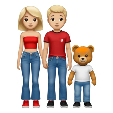 A boy and a girl teddy bear for the boy bear put on true religion shirt and jeans with black shoes and for the girl put flare jeans and a red tube top and white shoes sticker