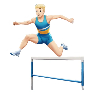 An icon of an white-skined athlete soaring over a hurdle, mid-jump, with a powerful form. The background features a vibrant stadium, with the track and hurdles in sharp focus, and a cheering crowd along the stands. The motion of the jump emphasizes speed and agility. Transparent background. sticker