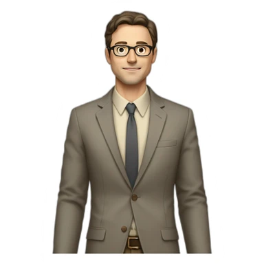 Full height Actively gesturing with hands Pale skinned fit man with dark brown hair in gray jacket, beige office shirt, brown tie, brown pants and vintage glasses. sticker