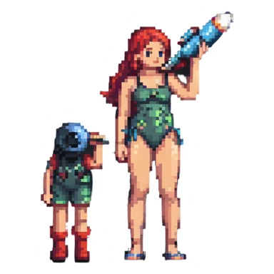 girl in a swimsuit with a telescope and a rocket sticker