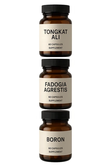 4 boccette di integratore: Tongkat Ali, Fadogia Agrestis, Boron e Zinco fluttuano in aria verticalmente sticker