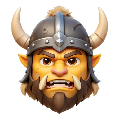 Clash of Clans style: Cinematic Fierce Barbarian Portrait Emoji, Poised and bold with a rugged, cartoonish build in tattered furs and a whimsical horned helmet, bright expressive eyes and a confident smirk, Simplified yet dynamic features, highly detailed, glowing with a vivid, adventurous aura, high shine, heroic and spirited, stylized with an air of medieval warrior charm, focused and energetic, soft glowing outline, capturing the essence of a fearless barbarian adventurer ready to lead his clan with spirited valor! sticker