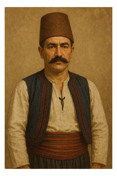 Konyalı adam, geleneksel kıyafetli adam, Konya şapkası, bıyıklı, Anadolu folklorik tarzı, sade arka plan sticker