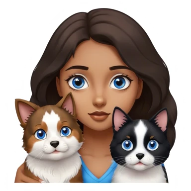 Young brown girl with blue eyes and dog Australian shepherd and a black and white cat sticker