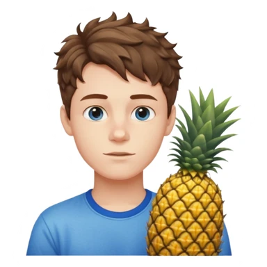 Pale teenage man with short wavy brown hair holding pineapple, prominent jawline, blue eyes sticker