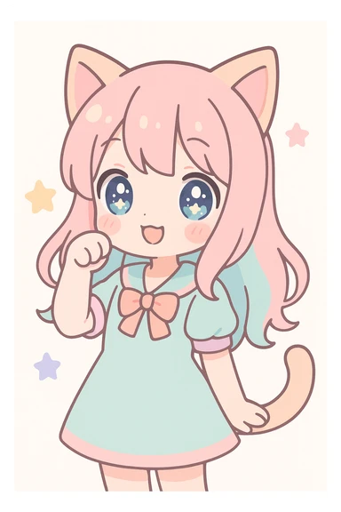 cute anime cat girl, pastel colors, big eyes, playful expression, cat ears, soft hair, kawaii style sticker