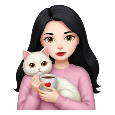 Beautiful Girl Long Hair black, Brows Big , Skin White, Sweater Pale Pink , Big Red Lips, Eyes coffe, Hug Little baby Persa Cream Cat With Cute Eyes sticker