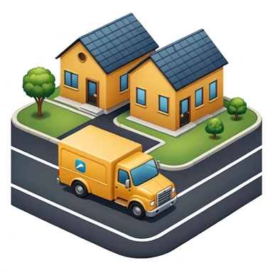 top view of a truck, package, house, and company building side by side, connected by street lines, modern apple emoji style sticker