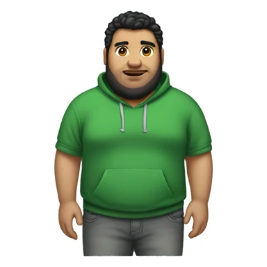wide fat guy with black hair big chest green hoodie and grey jeans and a shaved beard, with little acne sticker