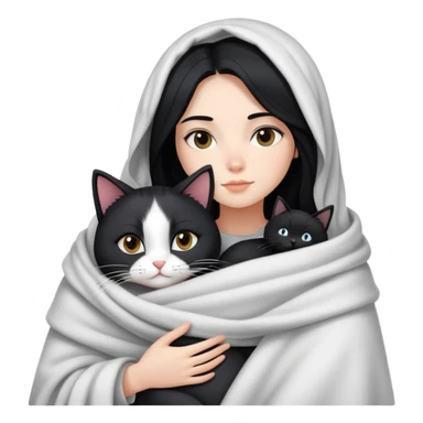 A fair-skinned girl with long black hair wrapped in a blanket hugging a black and white cat sticker