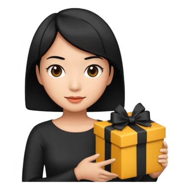 asian woman short hair tanned, holding with black present - emoji style sticker