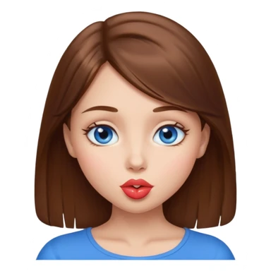 A girl with brown longish hair and very blue eyes sending a kiss sticker
