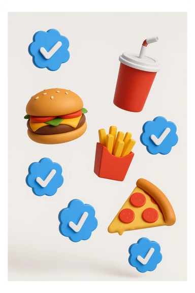 fast food fluttua in aria insieme a spunte di verificato in 3d, sfondo bianco sticker
