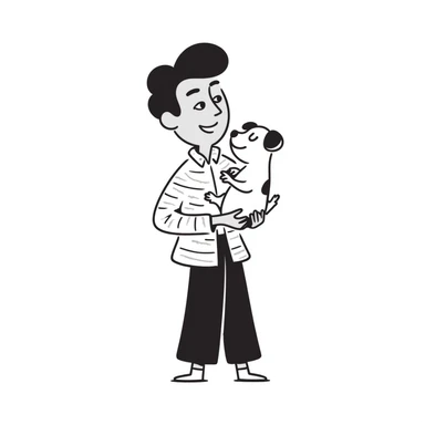 Mexican man with black hair and brown eyes wearing a shirt and black pants, holding a small white dog with one brown ear sticker