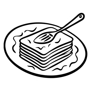 A plate with layered lasagna, fork on the side sticker