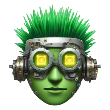 Green Mohawk hair male cyborg head with white steampunk goggles and circuits sticker