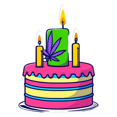 Festive birthday cake with cannabis leaf decorations and birthday candles sticker