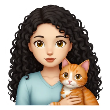 girl with long black curly hair holding a ginger cat sticker