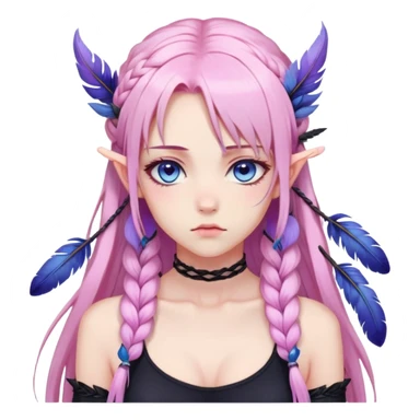 Gorgeous beautiful pretty grumpy anime lady long-pale-pastel-pink-hair with one braid on each side, purple-pink feather-ear-cuffs in hair, black bodysuit, blue eyes, pink iris, ethereal, fashion aesthetic  sticker
