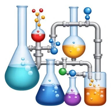 An icon featuring chemical flasks with tubes, representing hydrolysis, along with liquids, powders, and chemical formulas. The design includes molecules and reaction symbols, symbolizing the study of chemical processes and compounds. Transparent background highlights the science of reactions. sticker