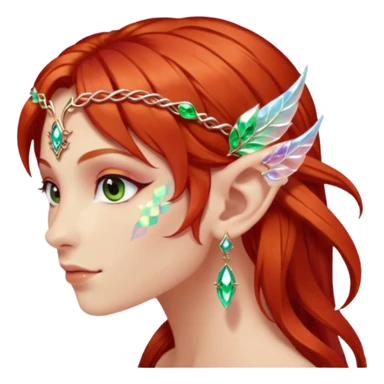 portrait of red haired Elvish fae shiny sparkly iridescent translucent diaphanous ear climber ear cuff sticker