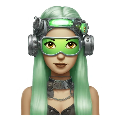 Light green long hair female cyborg head with silver steampunk headband goggles, circuits sticker